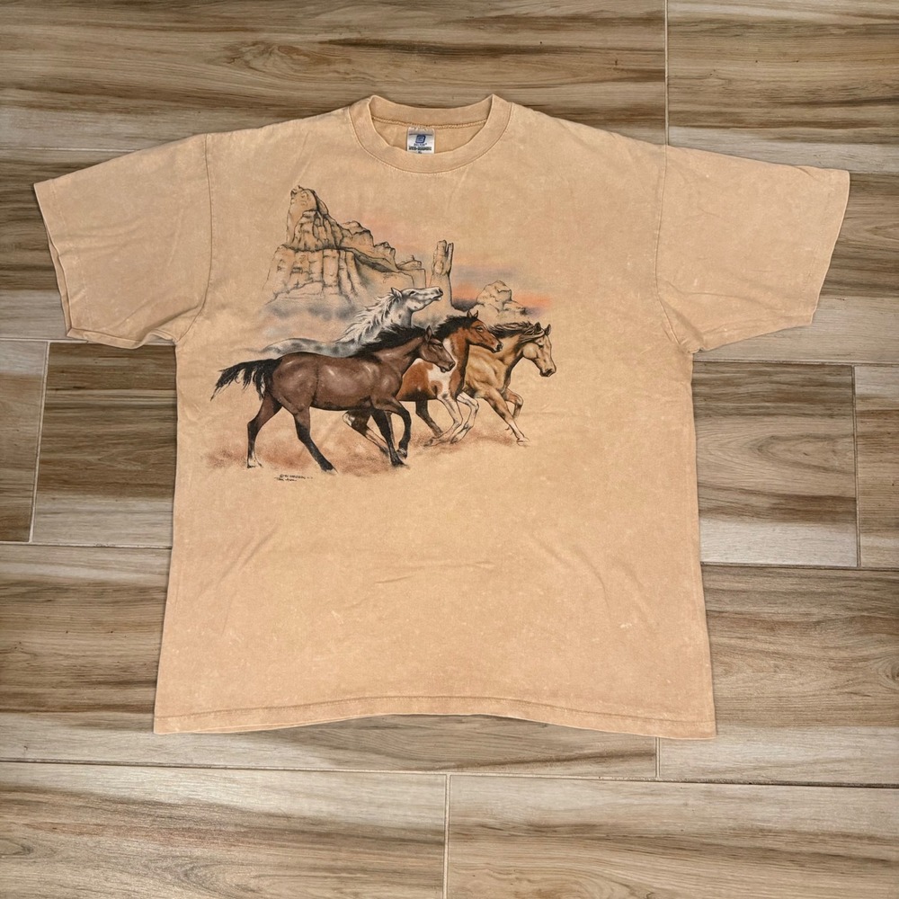 Vintage 1994 Harlequin Wild Horses T Shirt Belton Dye-Namic Tan XL USA Made